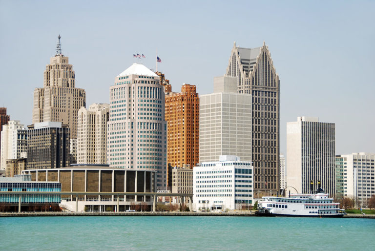 City buildings by the water in Michigan