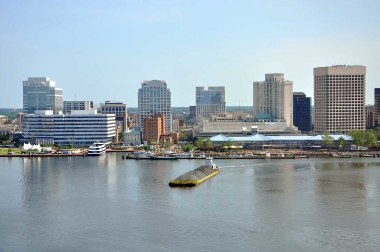 City buildings near the water in Virginia