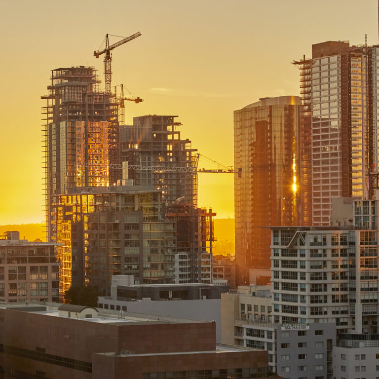 Buildings in LA at sunset