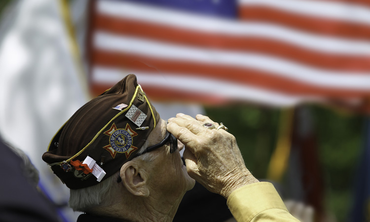 veteran saluting to the waving American flag