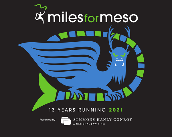 2021 Miles for Meso T-shirt Design reveal shows a blue mythical Piasa Bird on a black background