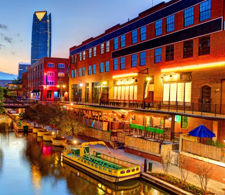 Evening view of the Bricktown Canal in Oklahoma City. Bricktown is an entertainment district just east of downtown Oklahoma City, Oklahoma