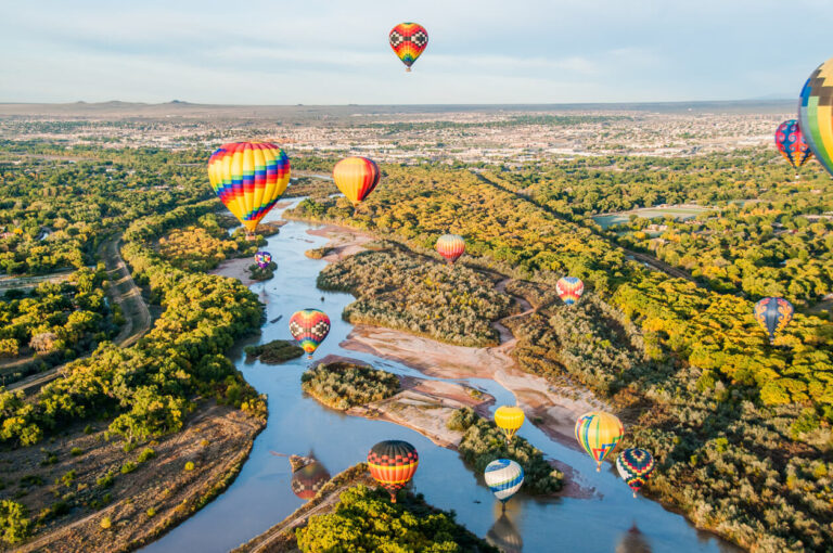 Hot air balloons over Rio Grande near Albuquerque, New Mexico