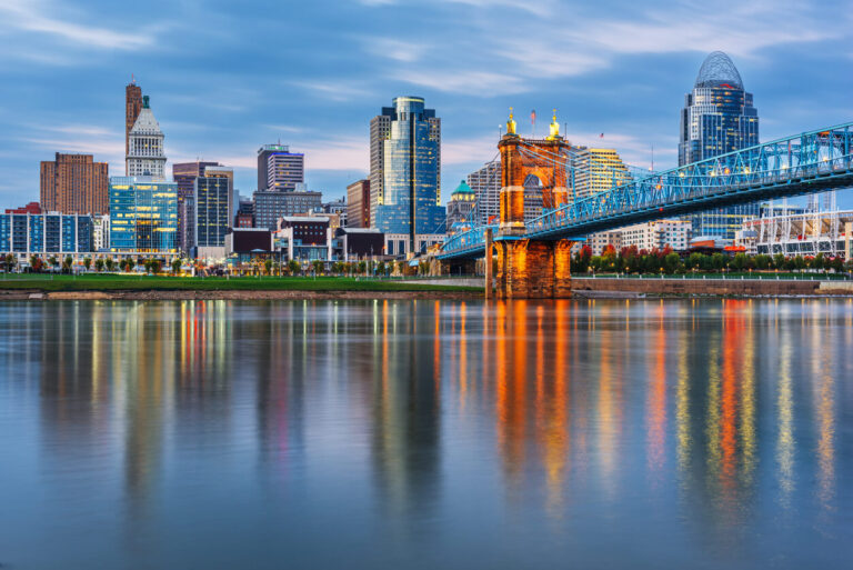The city of Cincinnati, OH reflects on the water