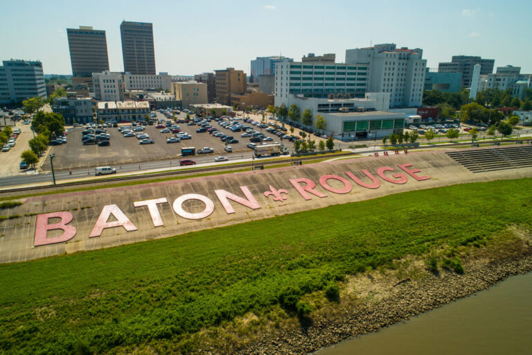 Bird's-eye view of a "Baton Rouge" sign in Louisiana