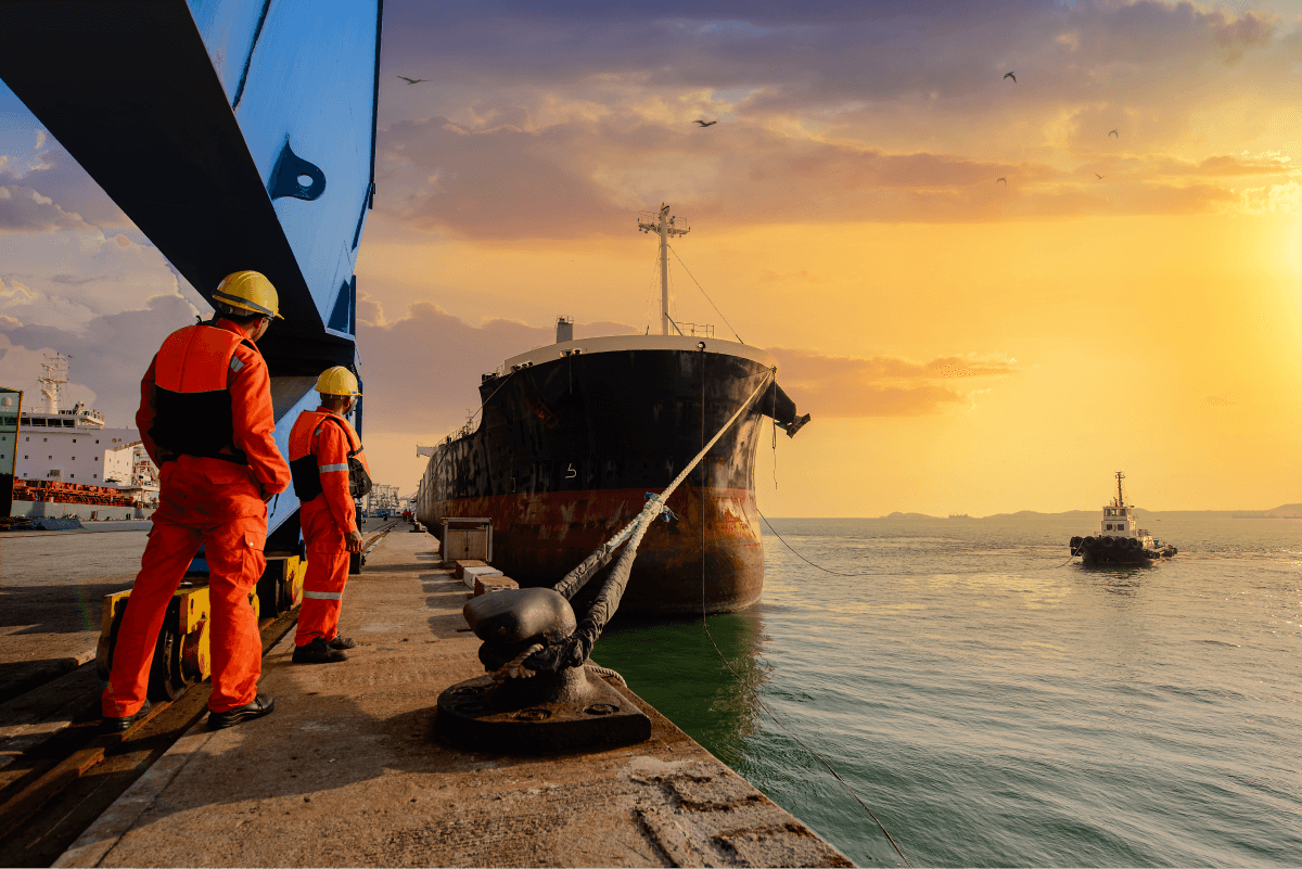 A large ship docks before two workers